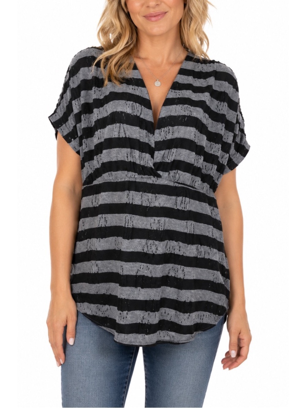 Vanity Black and gray striped short-sleeve top featuring a flattering V-neckline